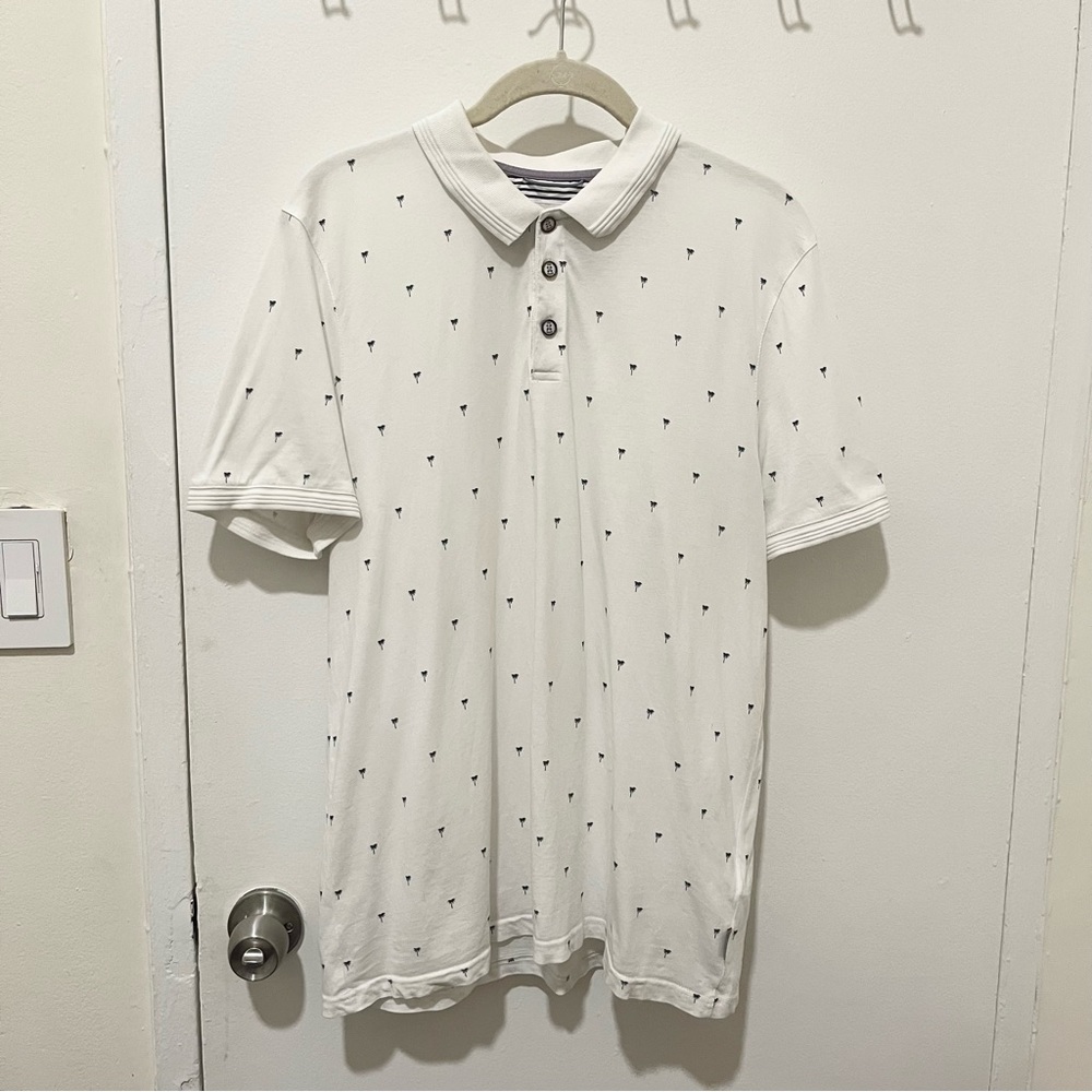TED BAKER polo button short sleeve white palm trees large